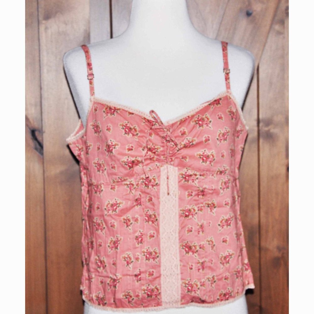 Polo Jeans Ralph Lauren Pintucked Tan Lace Peach Floral Adj Strap Camisole